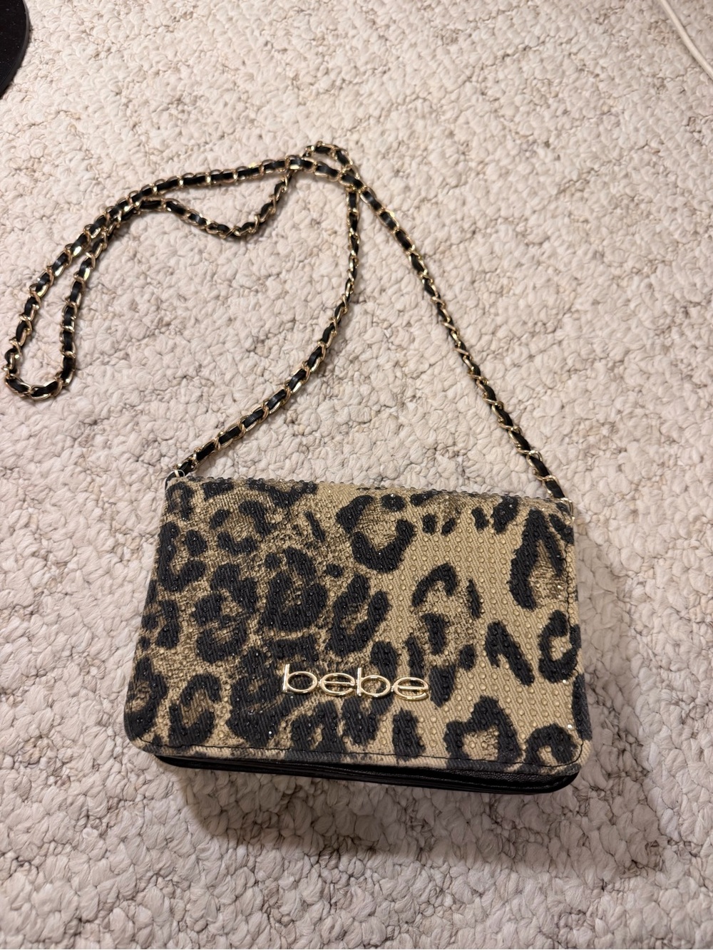 bebe Leopard-Print Crossbody in Gold and Black
